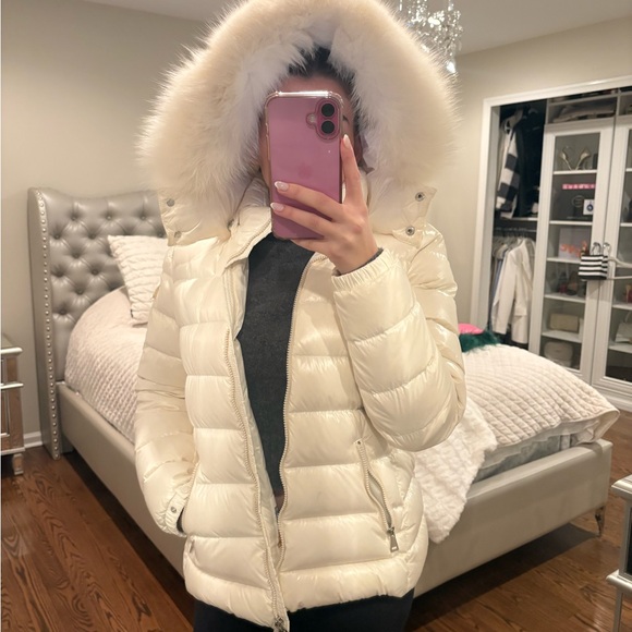 Moncler Ivory Puffer Jacket with Fur Trim